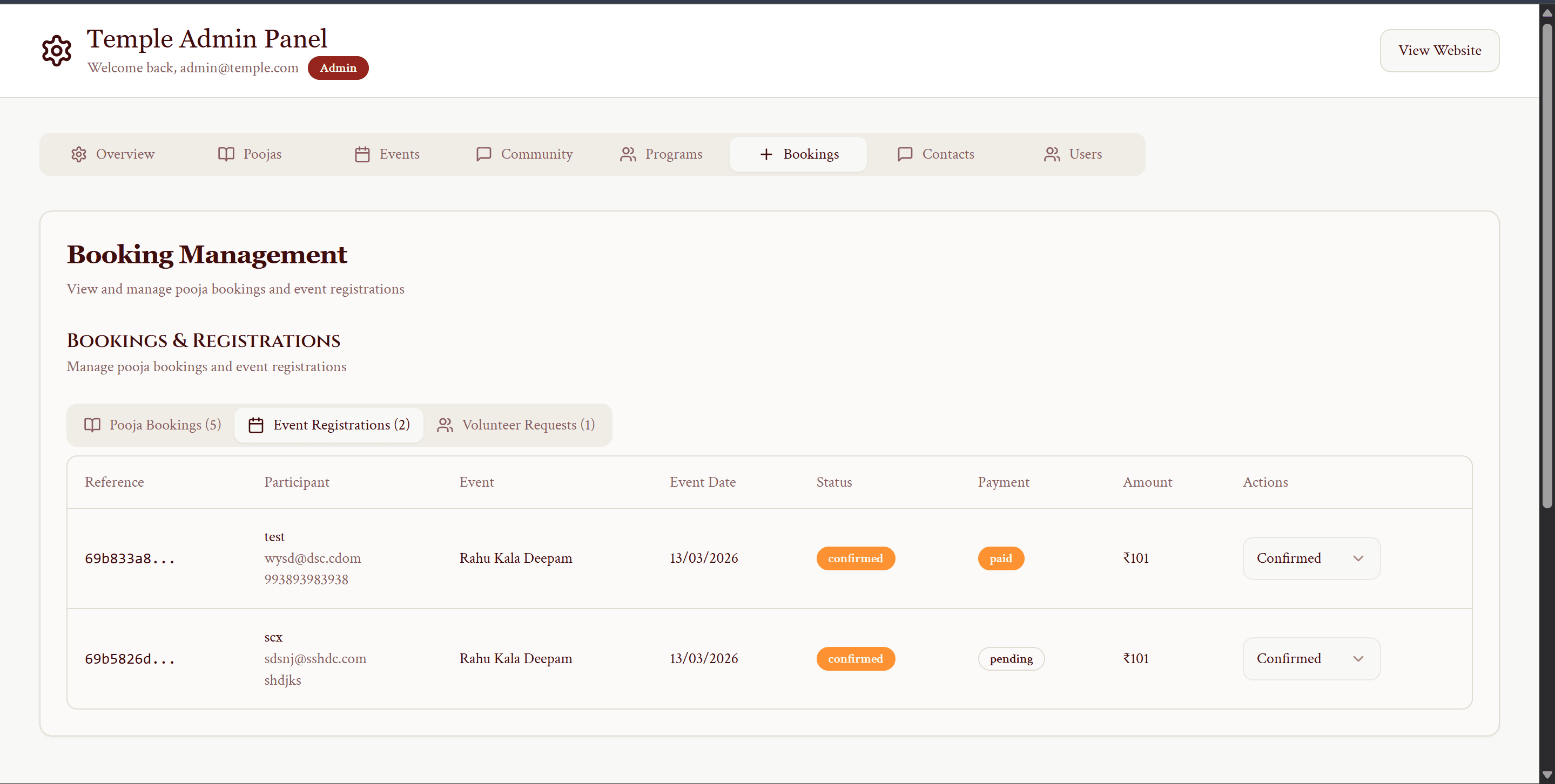 Temple Management Website